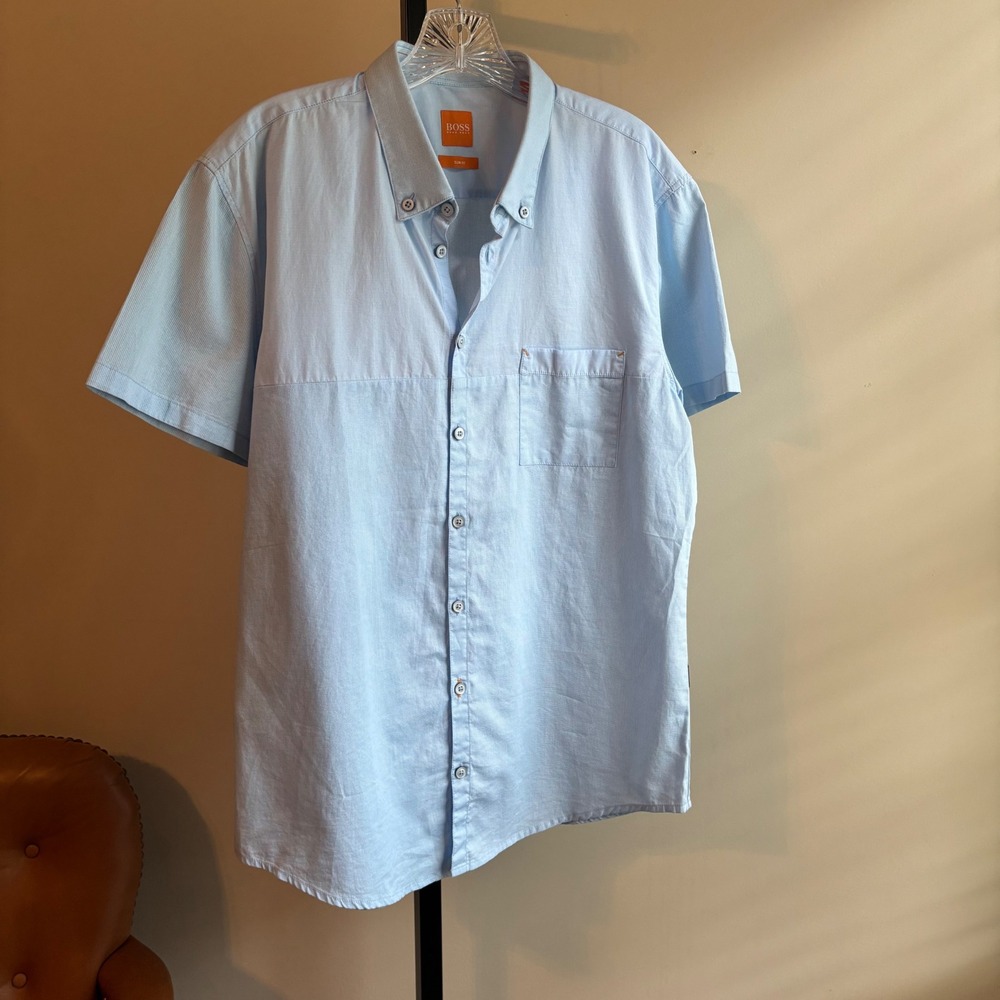 BOSS Orange Light Blue Slim Fit Short Sleeve Button Down Casual Shirt
